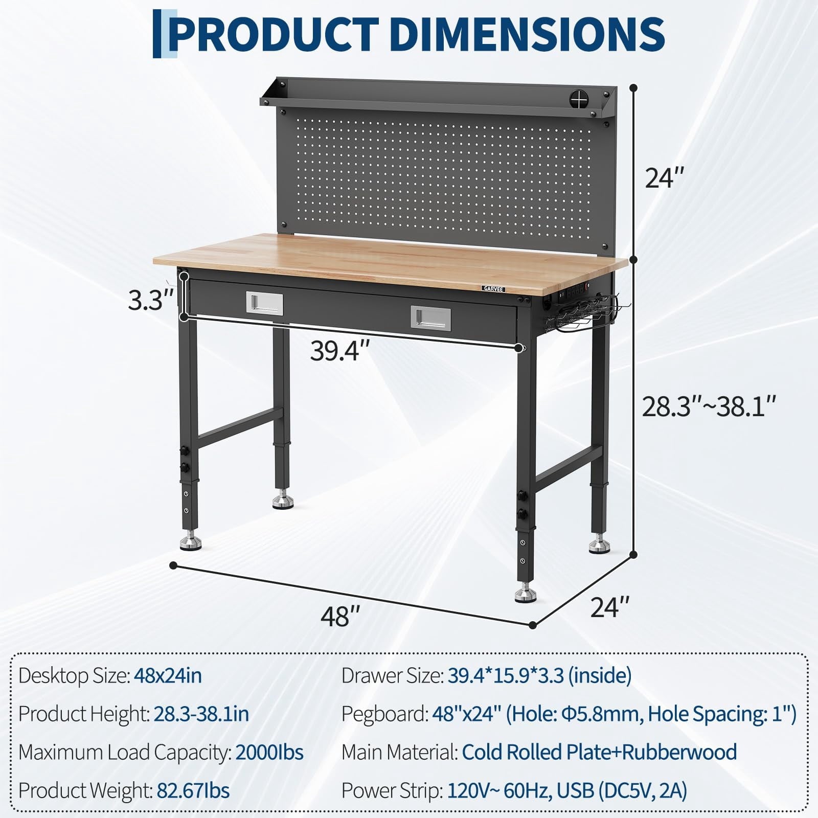 Garvee Work Tables for Workshop, 48 x 24 Workbench with Integrated Drawer, Back Panel & 5-Level Adjustable Height, Black