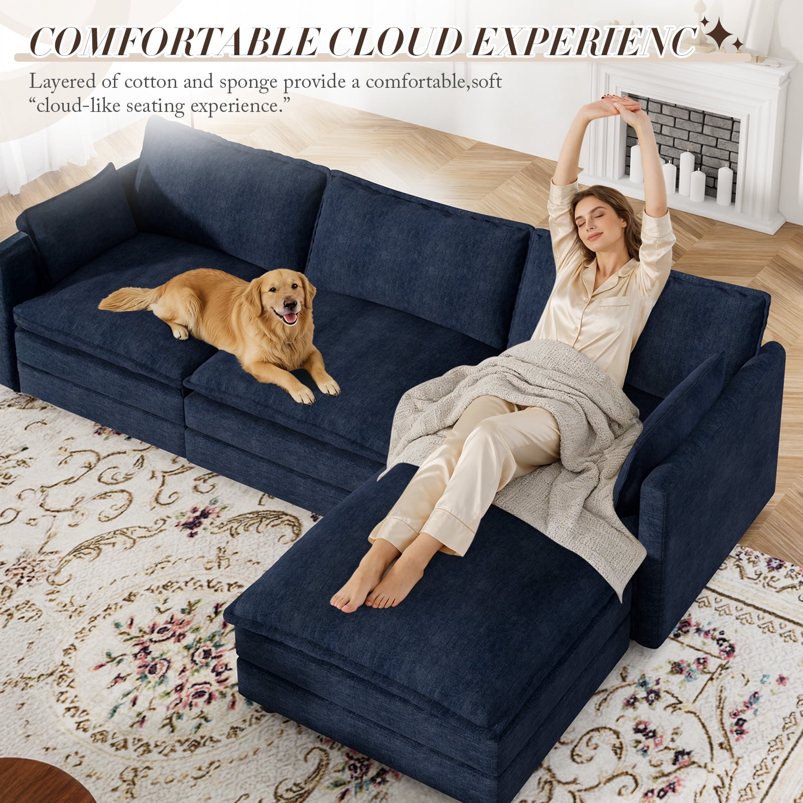 Muumblus Sectional Sofa Cloud Couch with Reversible Ottoman, L-Shaped Chenille Sofa for Living Rooms, Beige