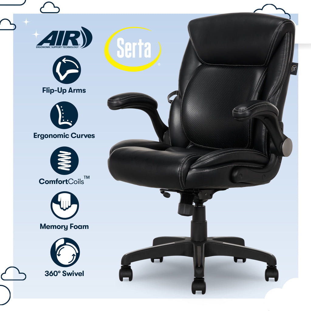 Serta Air Lumbar Bonded Leather Manager Office Chair, Gray Faux Leather