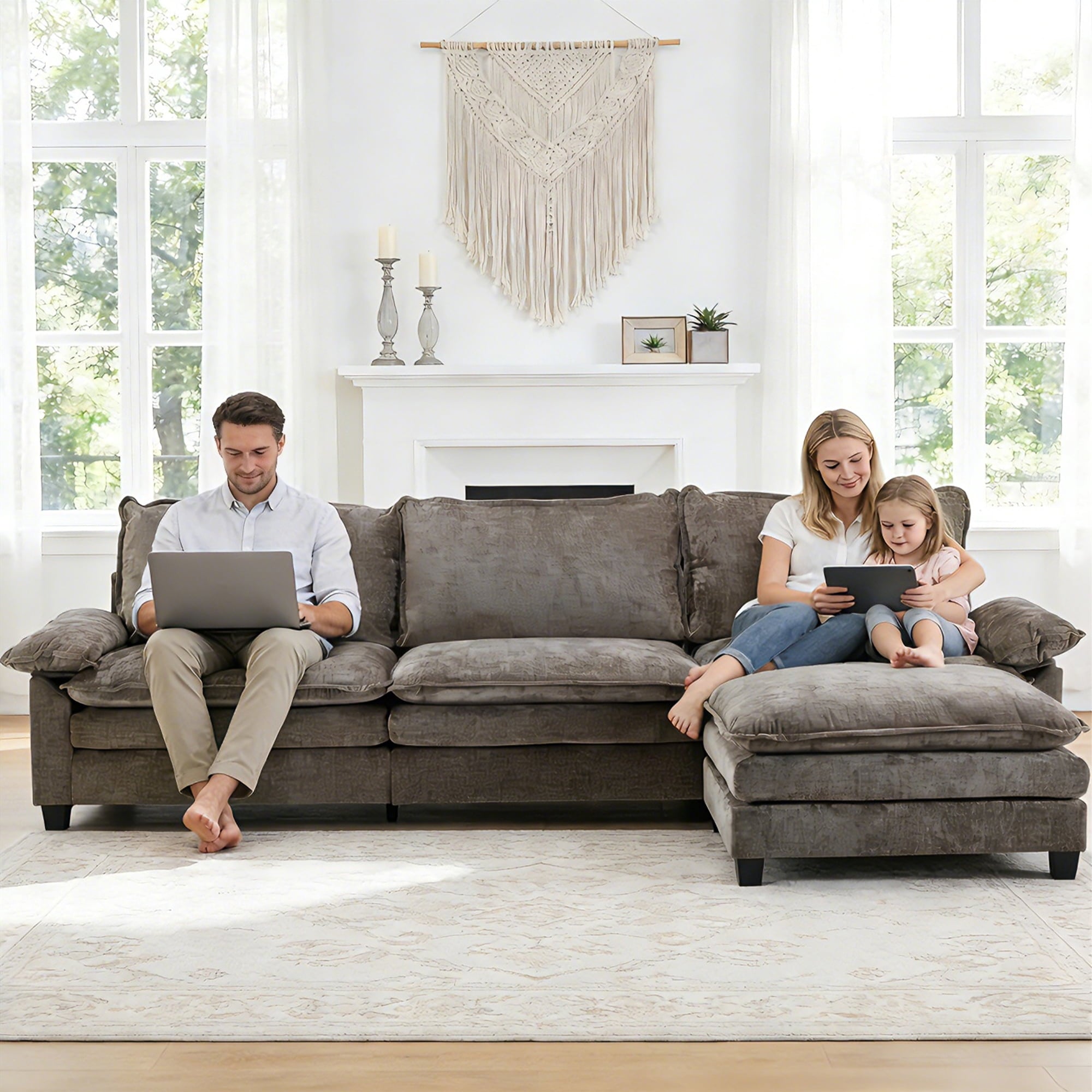 Ktaxon Sectional Sofa L Shaped Couch with Chaise Living Room Sleeper Set, 2 Seats with Chenille and Double Layer Cushions 86 W Beige