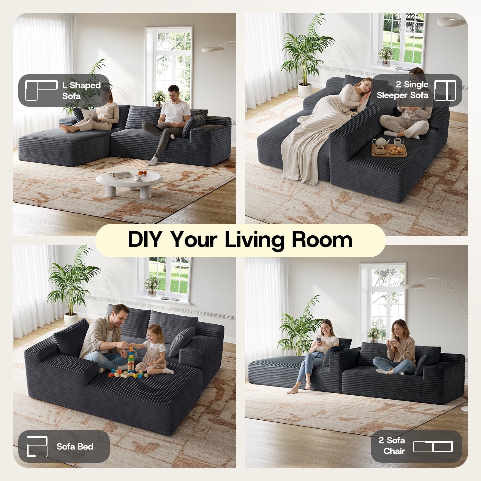 Patbrela 106 Sectional Couch for Living Room, L-Shaped Boneless Cloud Couch Corduroy Modern Sectional Sofa with Deep Seat and Thickened Cushion, No Assembly Required, Black