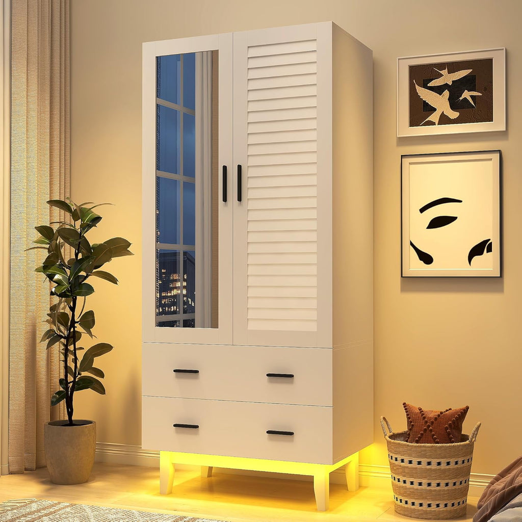 Blotout 70 Armoire Wardrobe Closet with Mirror & LED Lights, LED White Louver Door Wardrobe Armoire with 3 Drawers & Hanging Rods, Large 3 Doors Armoire Storage with Multi-Layer Shelves