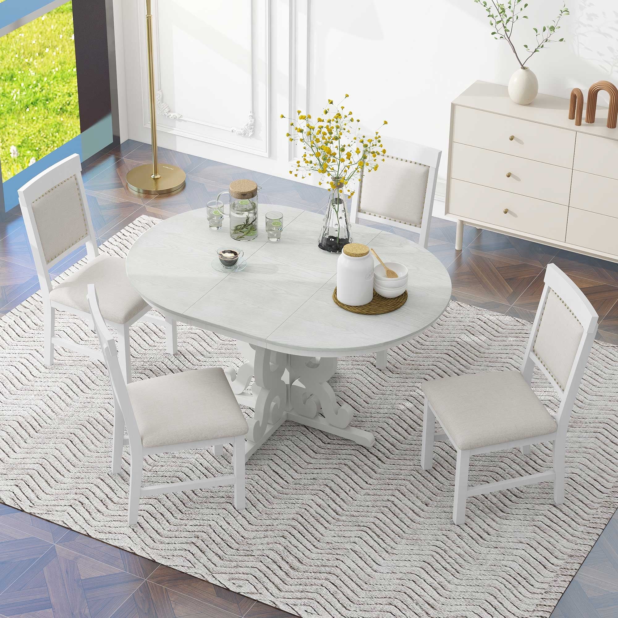Harper & Bright Designs Farmhouse 5 Piece Kitchen Dining Table Set for 4, Solid Wood Extendable Round Dining Table Set and 4 Upholstered Chairs, Retro Dining Set for Kitchen, Natural Wood Wash