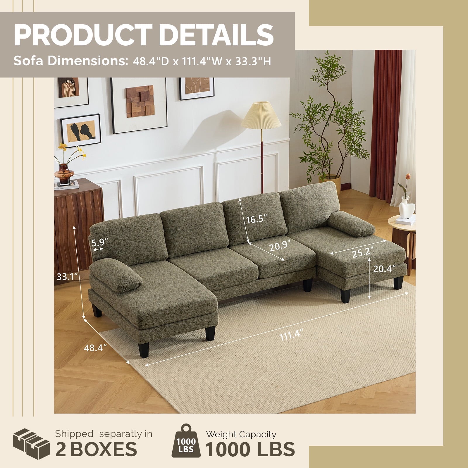 Ktaxon U-Shaped Sectional Sofa Set with Chaise, 4-Seater Blended Chenille Couch for Living Room, Apartment, Easy Assembly Khaki
