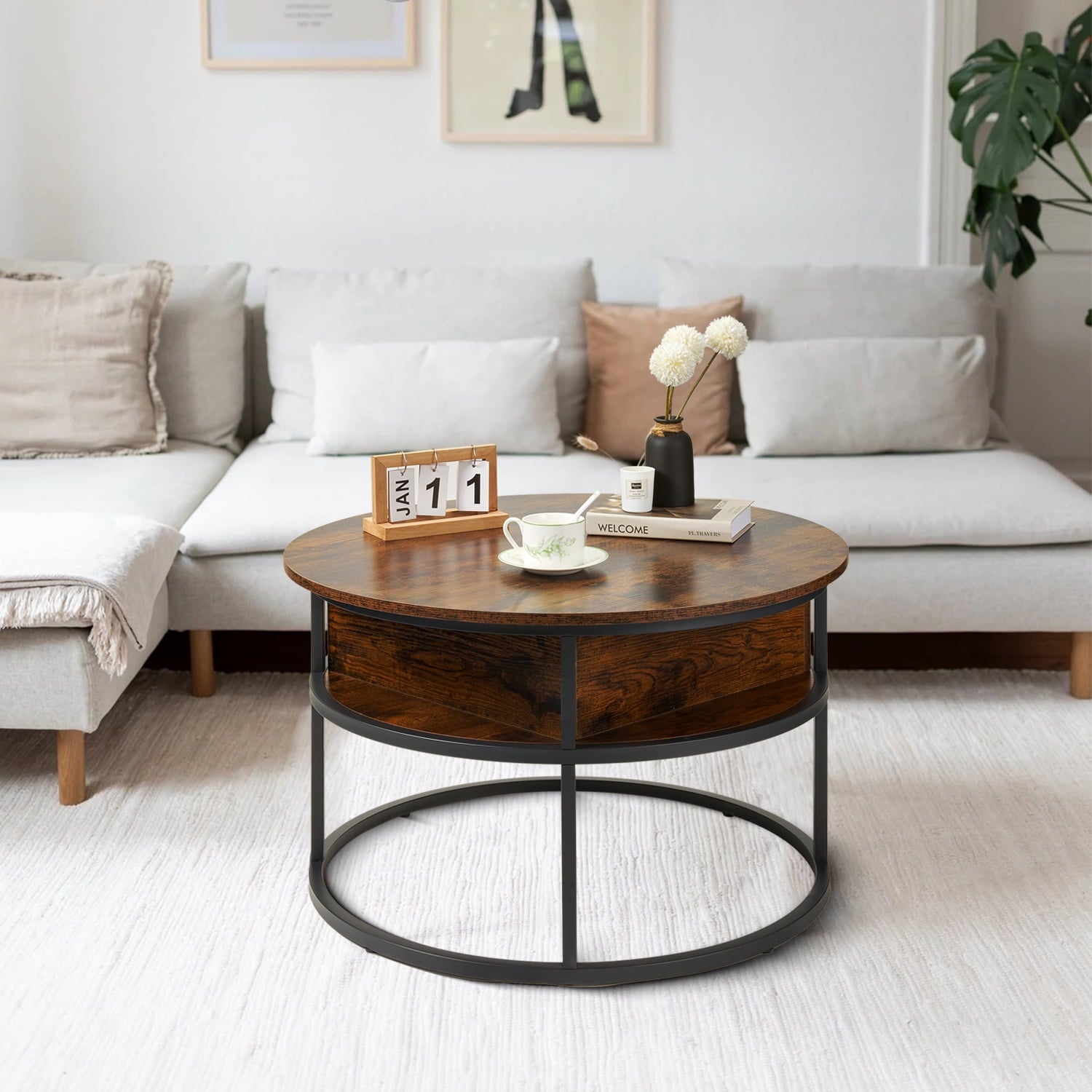 Keenstone Round Dining Table 43-59 Extendable, for 4 to 6, with Storage Space, Kitchen Dinner Room Table for Dining Room and Small Space Walnut