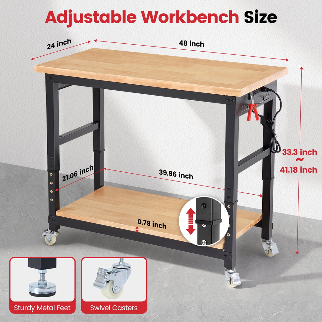 Workbench for Garage,ENJOYWOOD Heavy Duty 48 inch 2 Tier Wood Work Bench with Rolling Wheels and Power Outlets,Rubber Wood Tabletop,2000 LBS Load Bearing Workstation Garage Desk Table Worktable