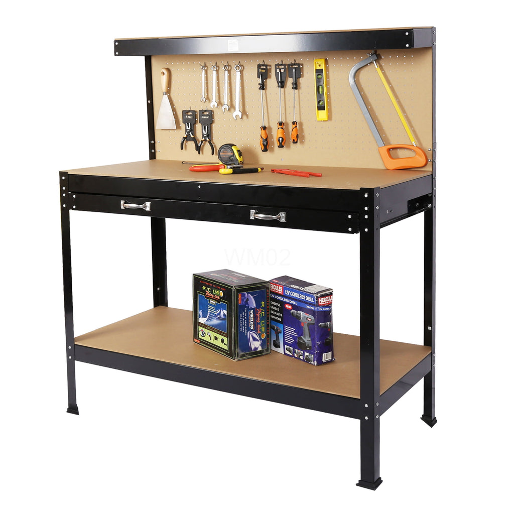 Heavy-Duty Black Workbench with Tool Storage, 300Lbs Capacity, Steel Frame & MDF Top for Garage Workshop