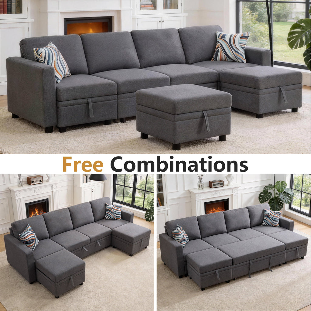 AENKYO 102 U-Shaped Sectional Sofa Bed, Linen Pull Out Sleeper Couch with Storage Seats for Living Room，White