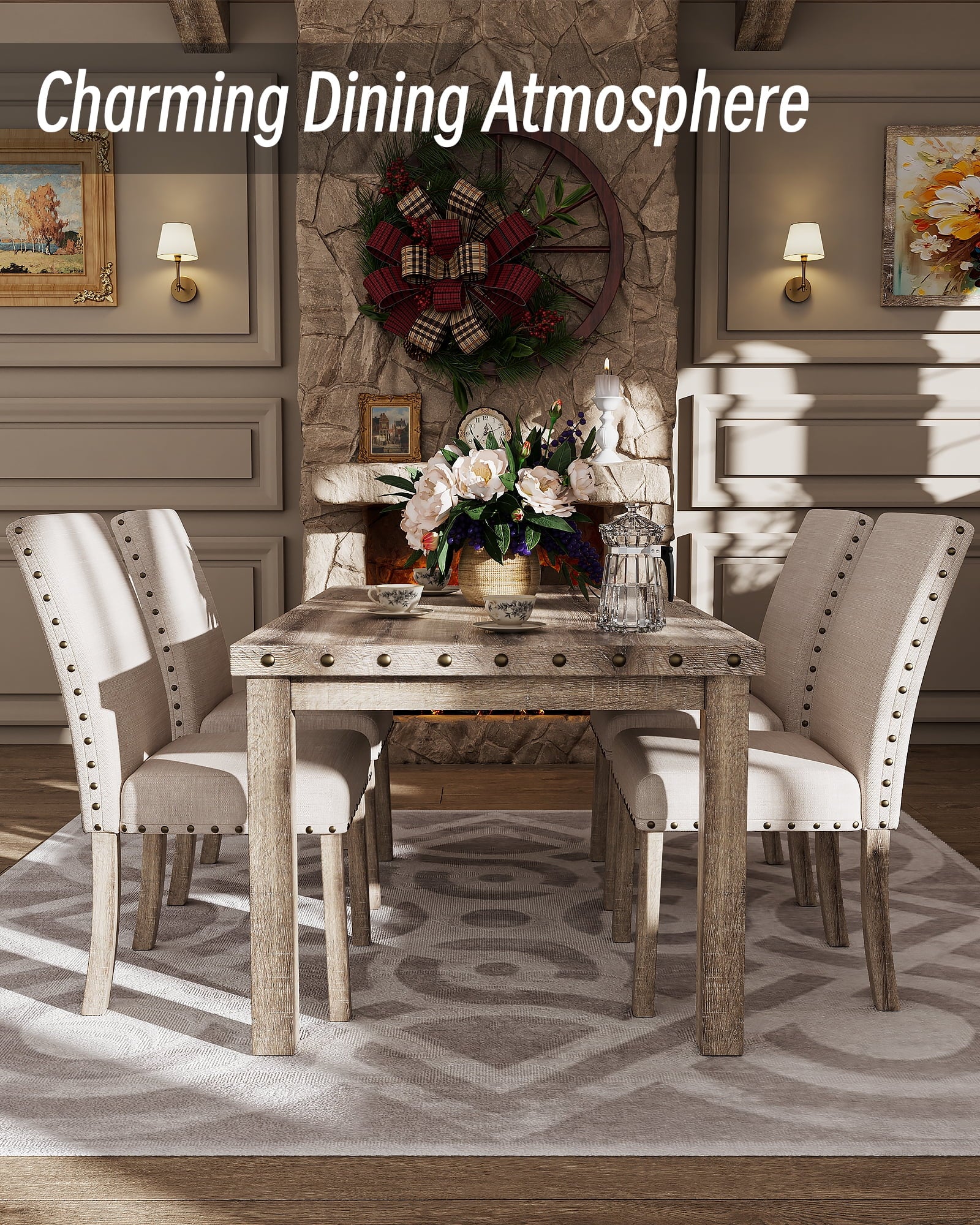 Morden Fort Farmhouse Dining Table Set for 4, Country Style Kitchen Table w/ 4 Upholstered Chairs, Rustic Vintage Dining Set for Family Meals