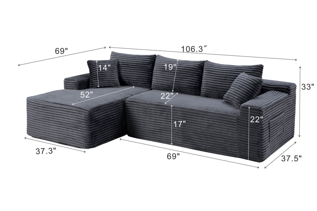 LLappuil 108 Sectional Sofa, Modular Sectional Couch with Left Chaise, Deep Seat Corduroy Cloud Sofa for Living Room Black