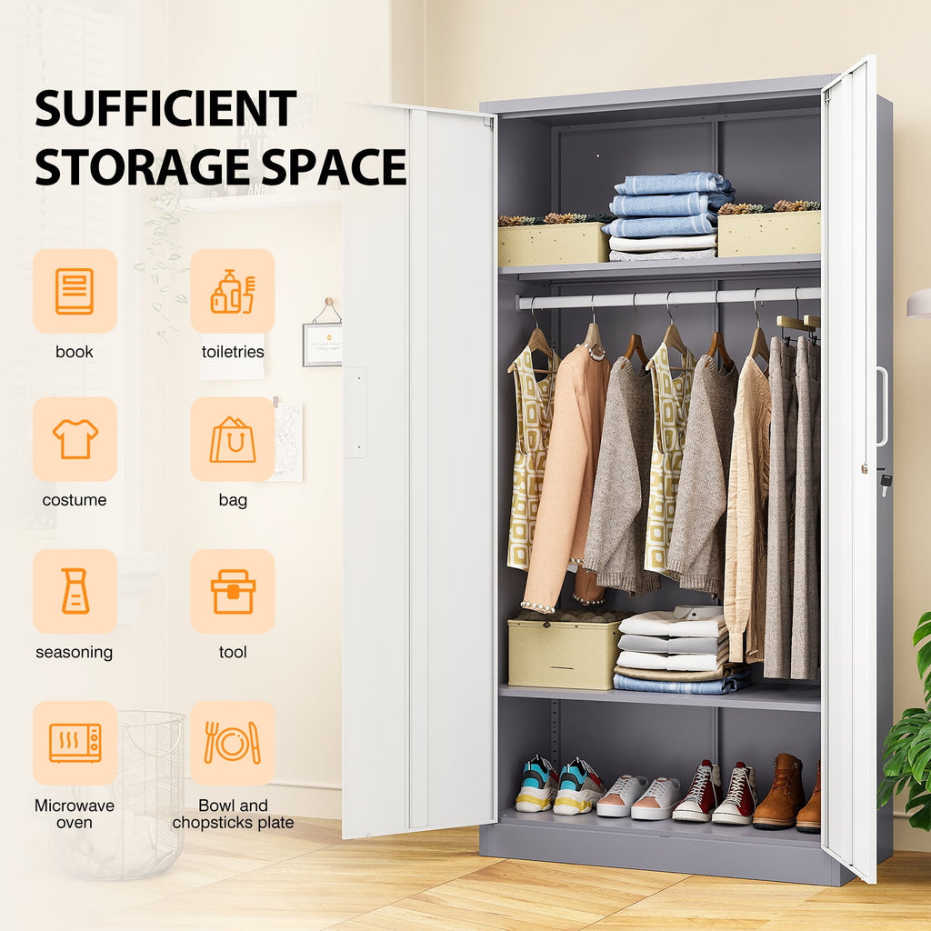 STANI Metal Wardrobe Closet with Hanging Rod, 72 White Armoire Wardrobe Cabinet with Adjustable Shelves, Clothes Storage Organizer Cabinets for Bedroom, Bathroom, Office