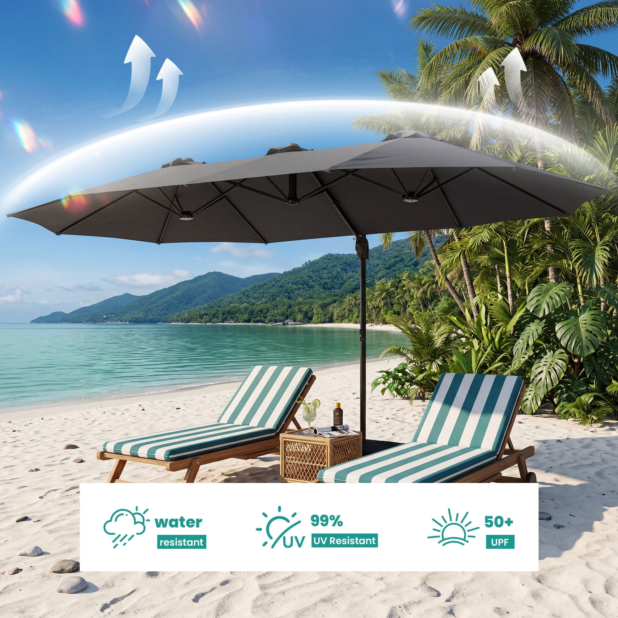 FOROUTIA 15ft Double-Sided Patio Umbrella, Large Rectangular Outdoor Market Umbrella with Crank, UV50+ Waterproof Twin Umbrella for Backyard, Poolside, Deck,Off-White