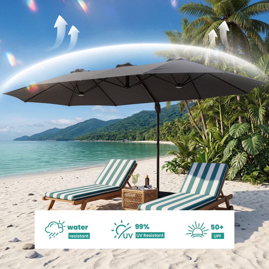 MOALCOFER 15 x 9 FT Double Sided Patio Umbrella with Base Included, Outdoor Rectangular Market Umbrella with Crank Lift, 12 Reinforced Ribs， Khaki