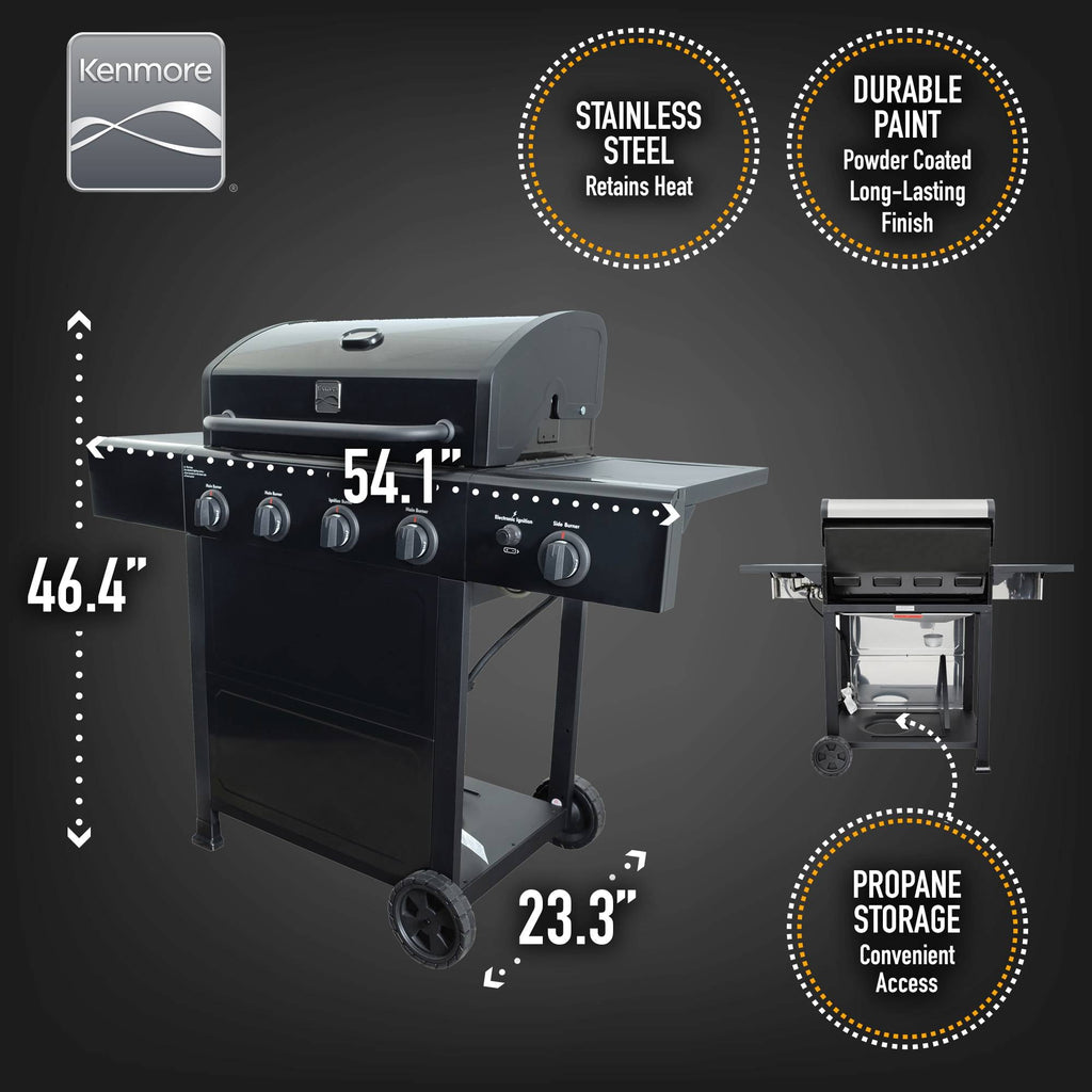Kenmore 4-Burner Outdoor Propane Gas Grill with Side Burner, Open Cart, Stainless Steel