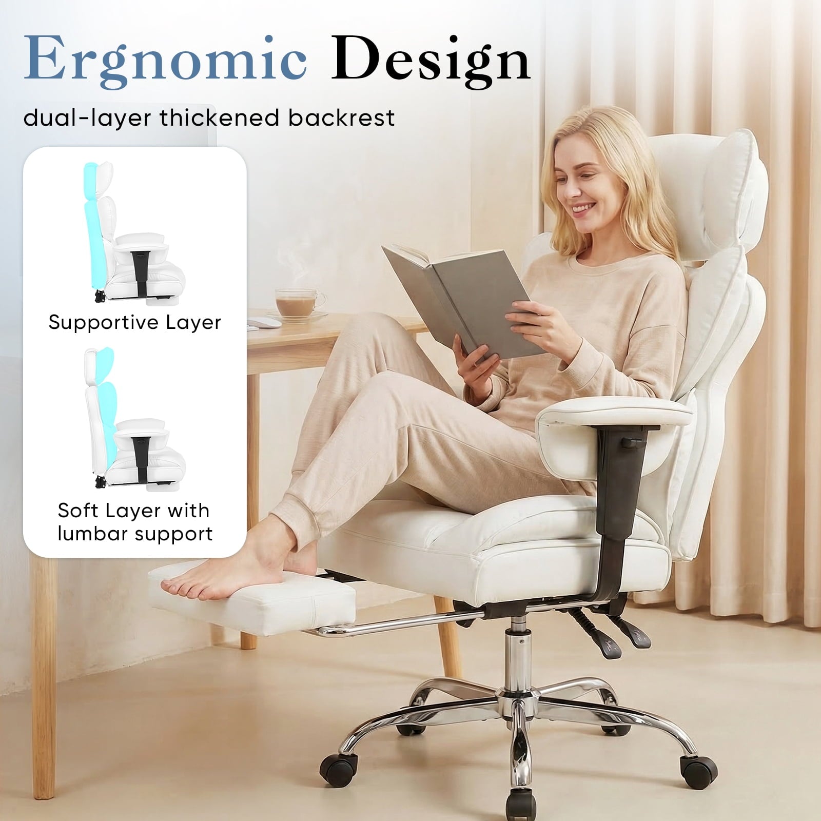 CONCETTA Ergonomic Office Chair 400LBS for Big & Tall, Heavy Duty Desk Chair with Reclining Back, Footrest, Luxurious PU Leather, Black
