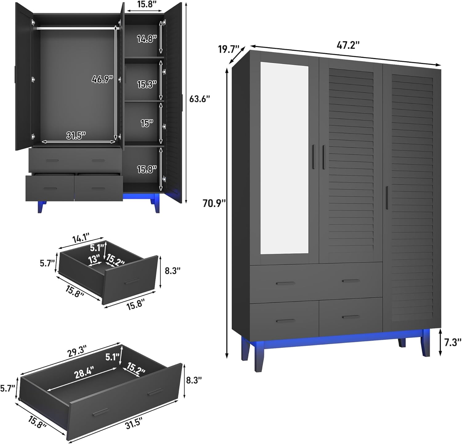 Blotout 70 Armoire Wardrobe Closet with Mirror & LED Lights, LED White Louver Door Wardrobe Armoire with 3 Drawers & Hanging Rods, Large 3 Doors Armoire Storage with Multi-Layer Shelves