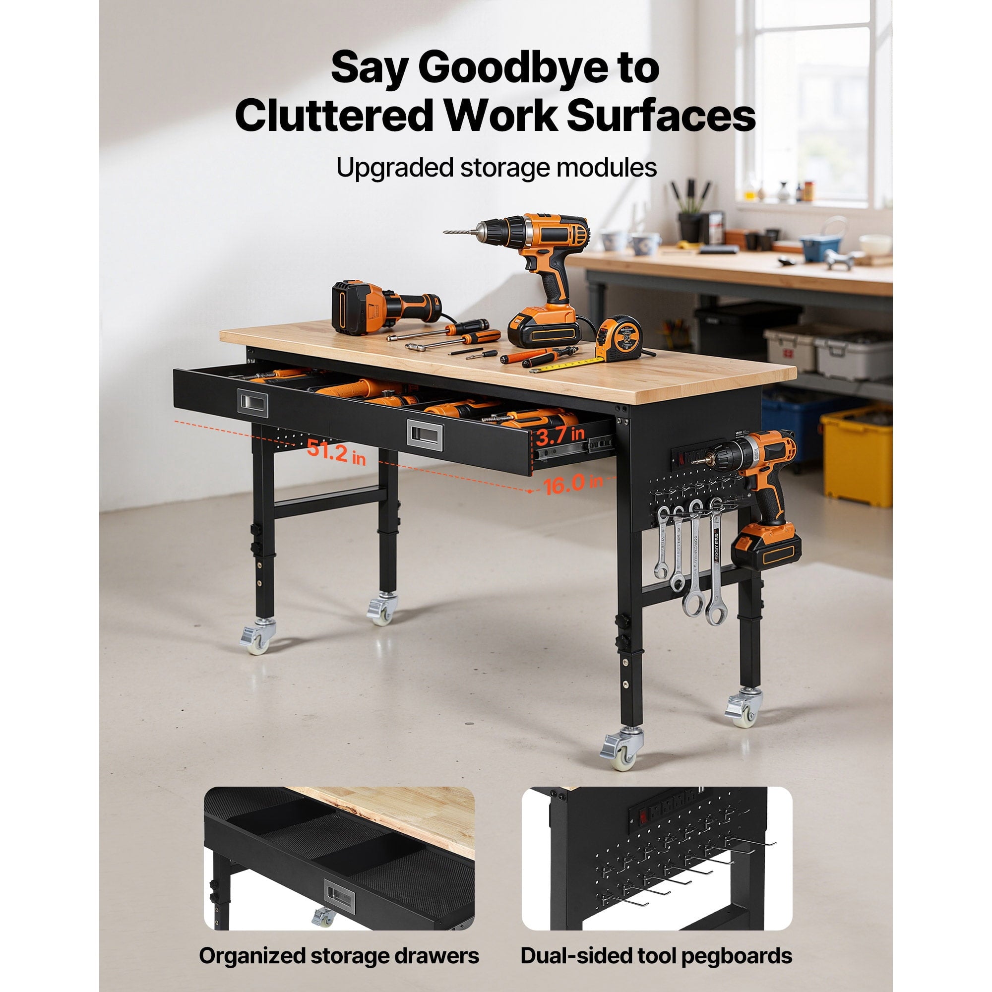 KFFKFF 60-inch Adjustable Workbench with Drawer, Power Outlet, Wheels, and Pegboard, Durable Oak Wood Top Work Table for Garage, Workshop, Office, and Home, Supports Up to 1500 lbs