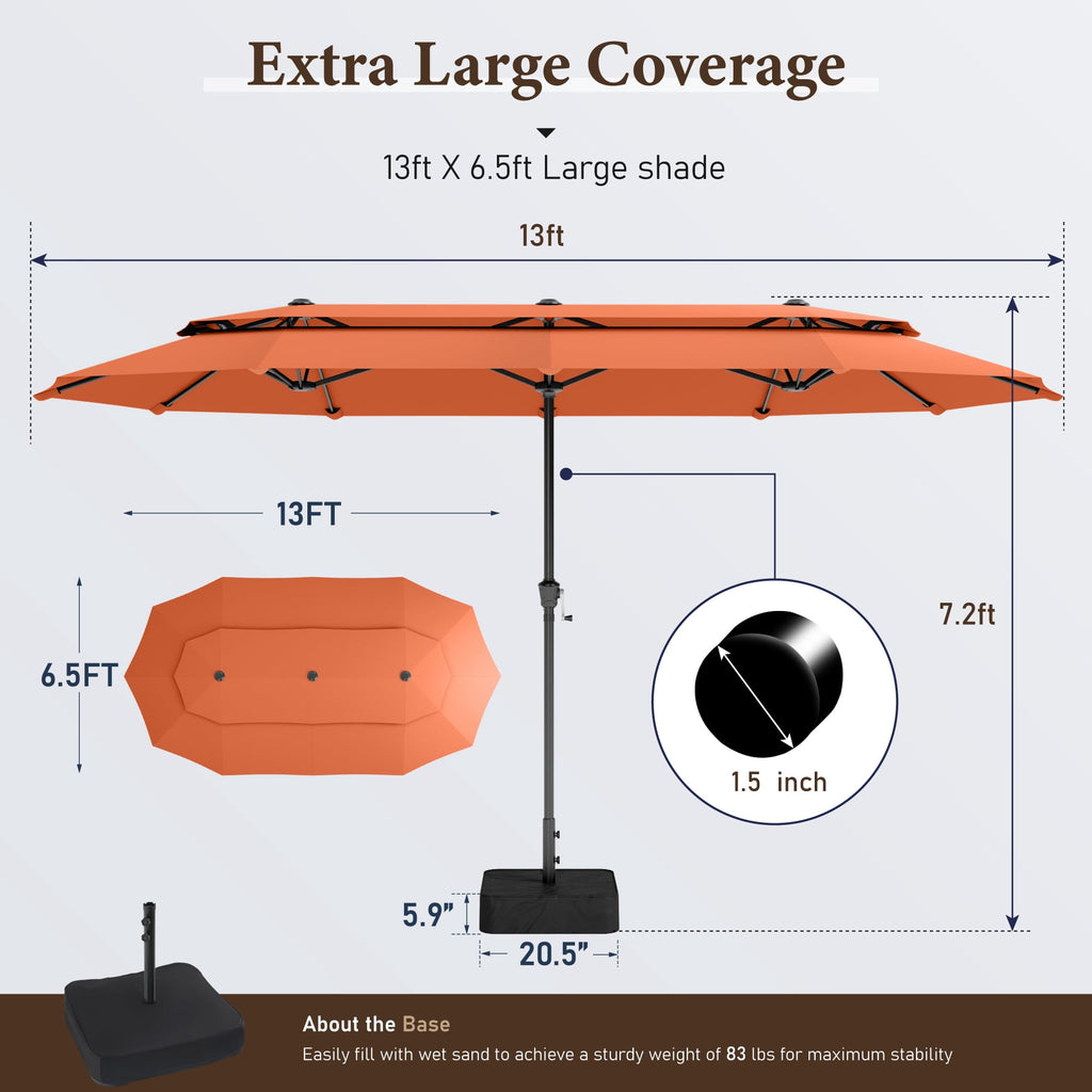 SUMMIT LIVING 13FT Patio Umbrella with Base Included - Double-Vented Rectangle Outdoor Market Umbrella for Patio - Beige