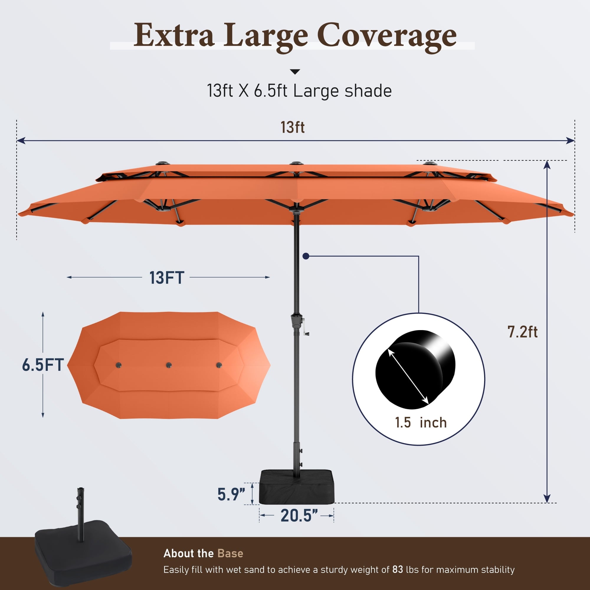 SUMMIT LIVING 13FT Patio Umbrella with Base Included - Double-Vented Rectangle Outdoor Market Umbrella for Patio - Beige
