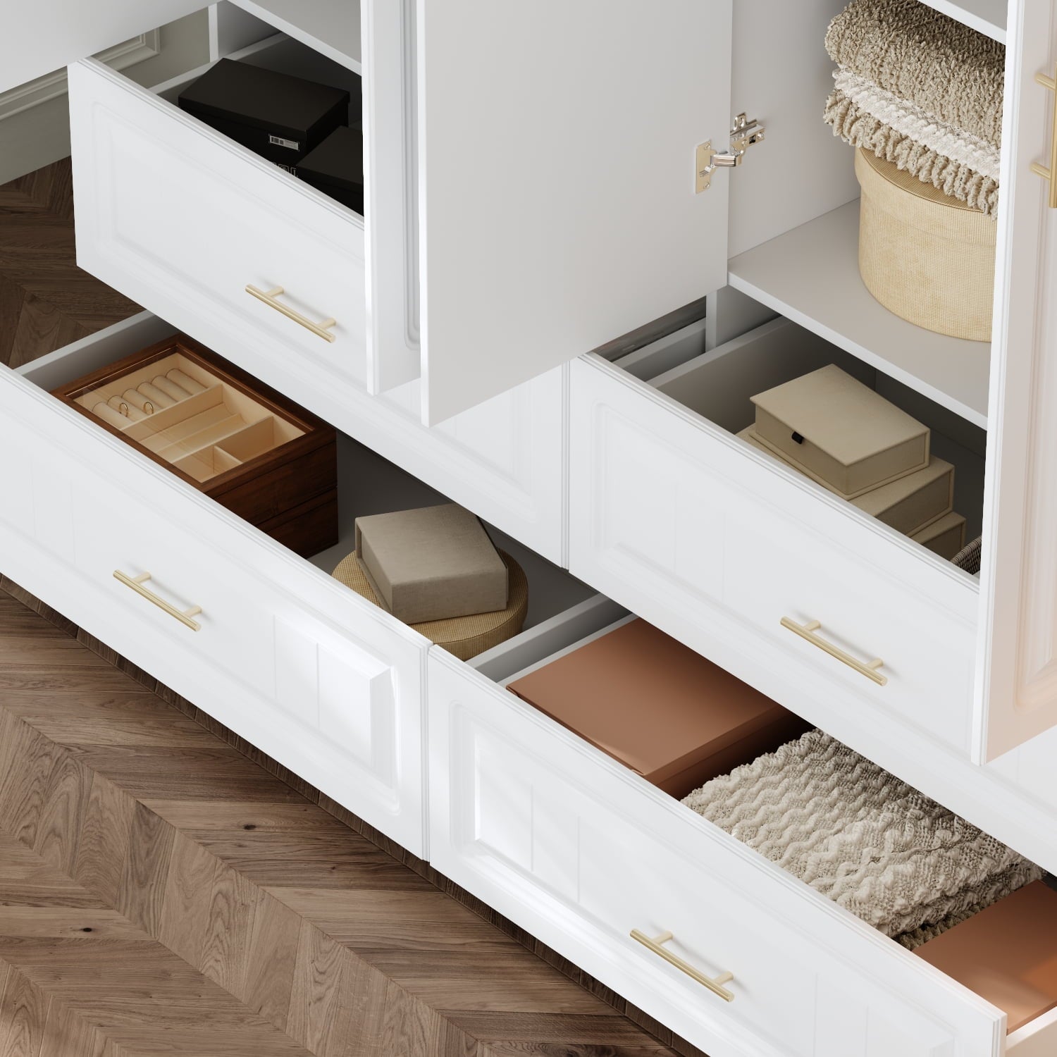 Oxylife 4-Door Wardrobe Armoire, Closet with Shelves and Drawers,Storage Cabinet with Rod for Bedroom, 93.3 H,White