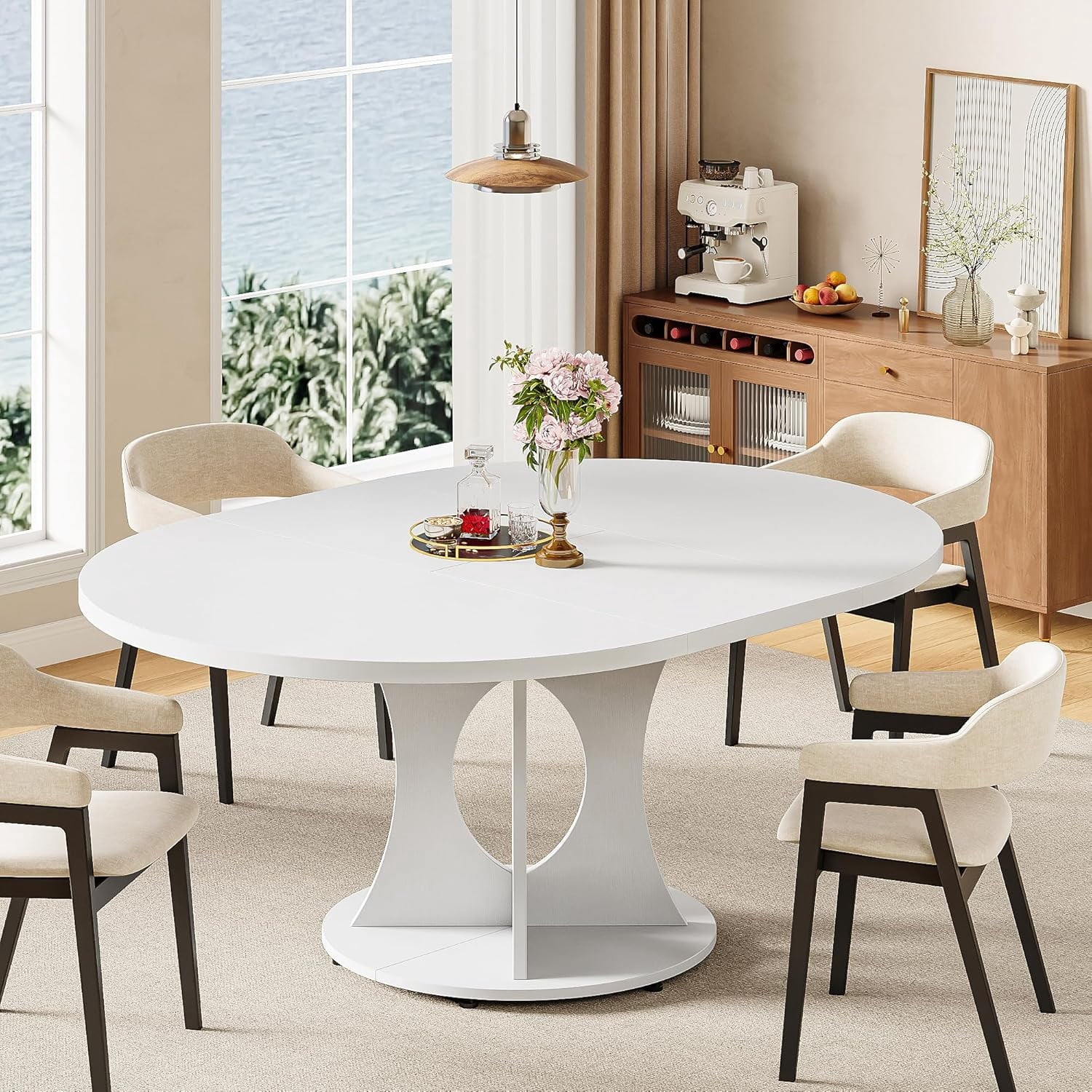 Laisnet 59 Extendable Wooden Dining Table for 8, Modern Kitchen Table with Hidden Storage, Black