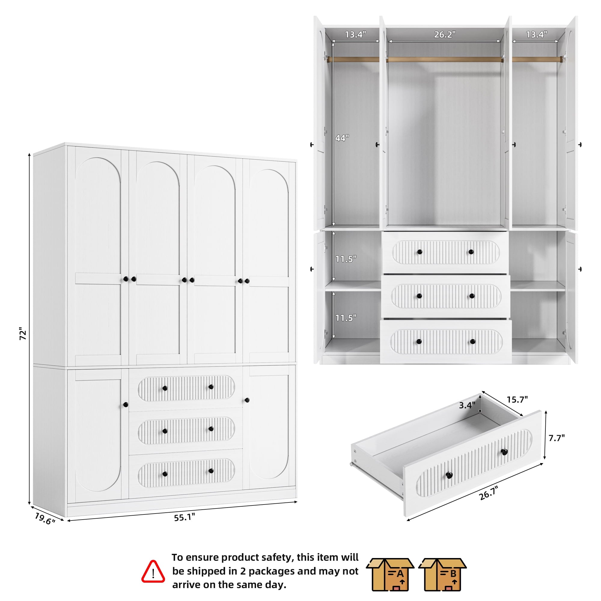 UGTOO 72H 4-Door Wardrobe Armoire with 3 Hanging Rods & 3 Drawers – Black Wooden Closet Storage Cabinet, Large Capacity Freestanding Clothes Organizer for Bedroom