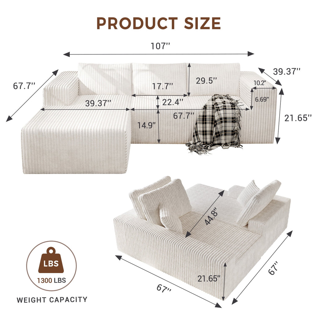 YVDNHP Modular Cloud Sofa - No Assembly Required, 107.8 Oversized L-Shaped Sectional with Chaise, Flannel Fabric Deep Seating Couch for Living Room