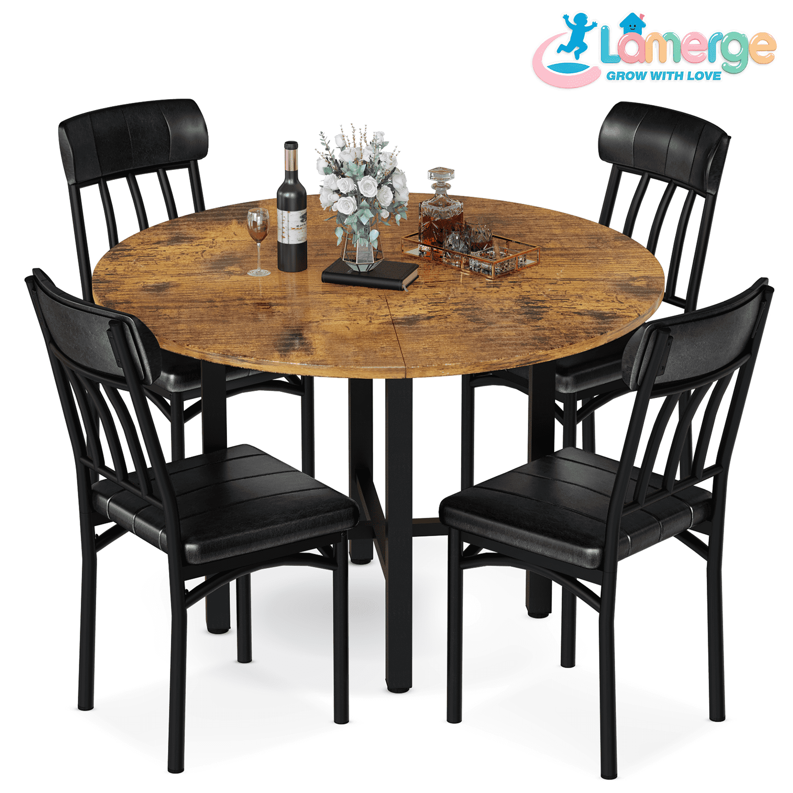 Lamerge Round Dining Table Set for 4,Wood Round Kitchen Table and Chairs Set for 4,Modern Dining Room Table Set with 4 Faux Leather Chairs,Round Dinner Table for Small Space,Brown