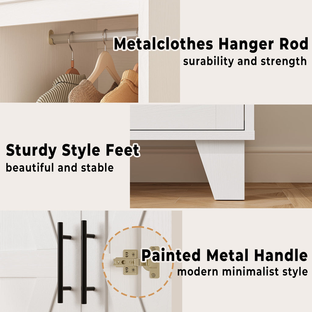 IRONCK 67 Tall Wardrobe Closet with Mirror & Drawer, White Wooden Bedroom Armoire Cabinet with Side Shelves and Hooks