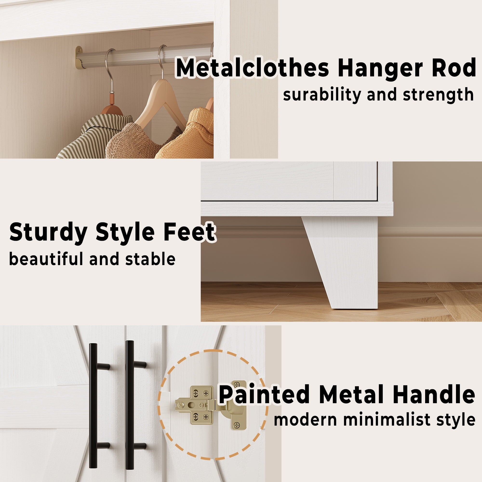 IRONCK 67 Tall Wardrobe Closet with Mirror & Drawer, White Wooden Bedroom Armoire Cabinet with Side Shelves and Hooks