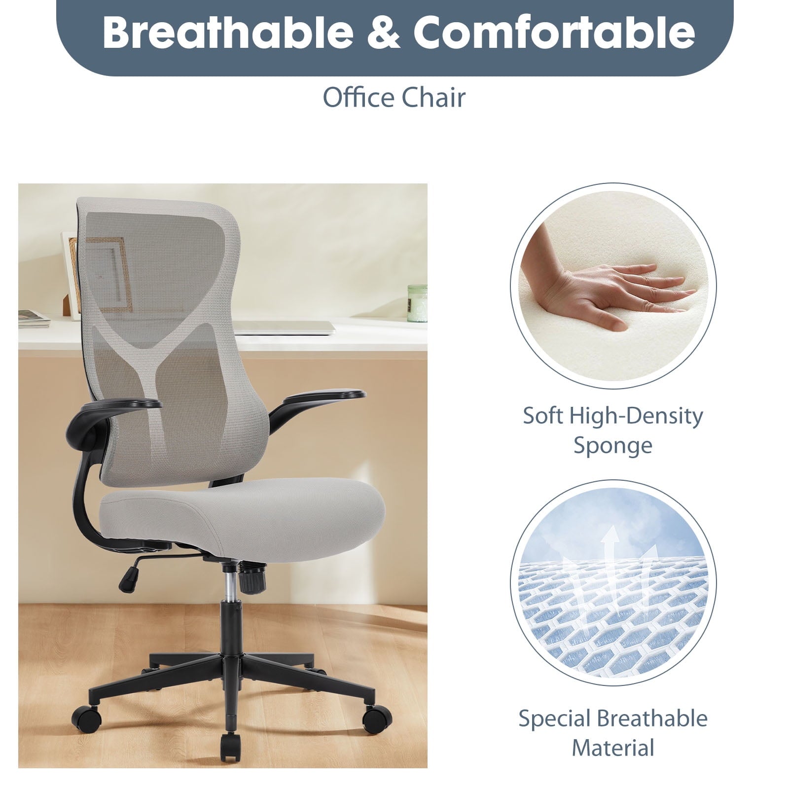 GIANNA Mesh Ergonomic Office Desk Chair, High Back Swivel Computer Chair, With 2D Headrest, Up&Down Lumbar Support, Adjustable Flip-up Armrests, Black