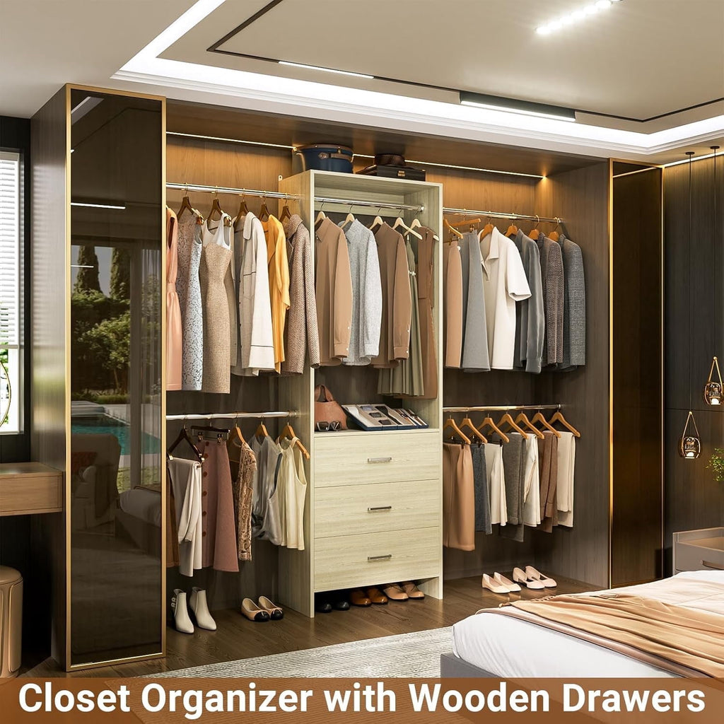 Homieasy Closet System, Closet Organizer with 3 Wooden Drawers, Walk-in Closet Wardrobe Clothes Rack with 4 Hanging Rods, Garment Rack, White