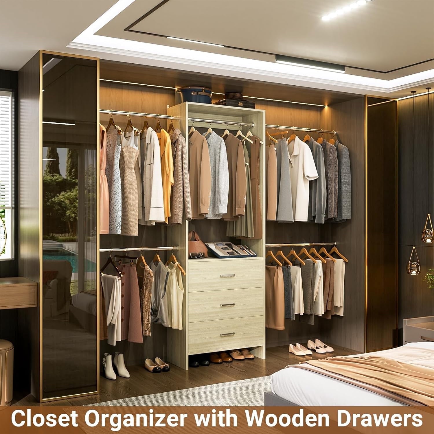 Homieasy Closet System, Closet Organizer with 3 Wooden Drawers, Walk-in Closet Wardrobe Clothes Rack with 4 Hanging Rods, Garment Rack, White