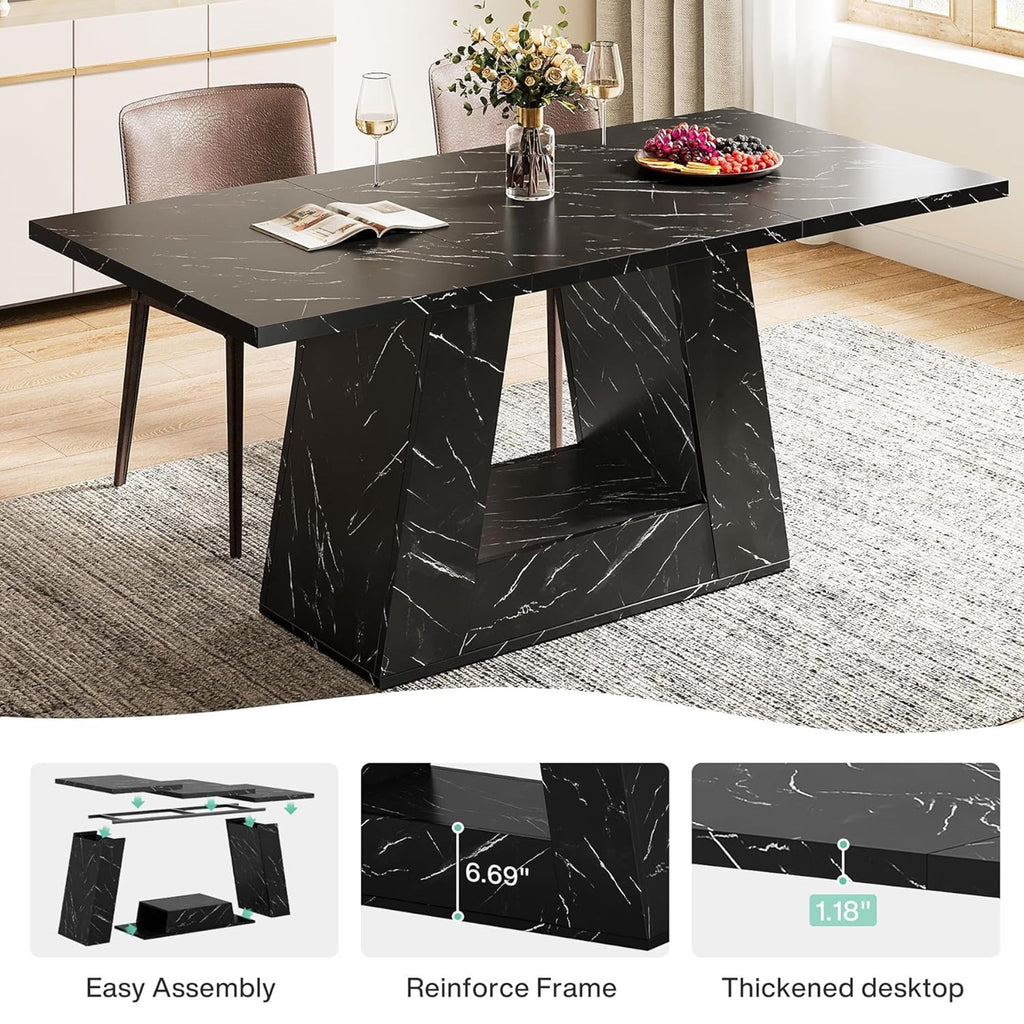 Modern Faux Marble Dining Table, 63 Rectangular 4-6 Seater Wood Table with Sturdy Base, Kitchen Living Room Dinner Table
