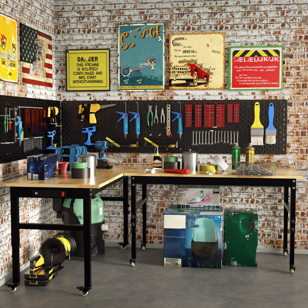 Joywind 60 Heavy-Duty Adjustable Workbench with Locking Wheels, Power Strip & Pegboard – Rubber Wood Work Table for Garage, Workshop, Home Office