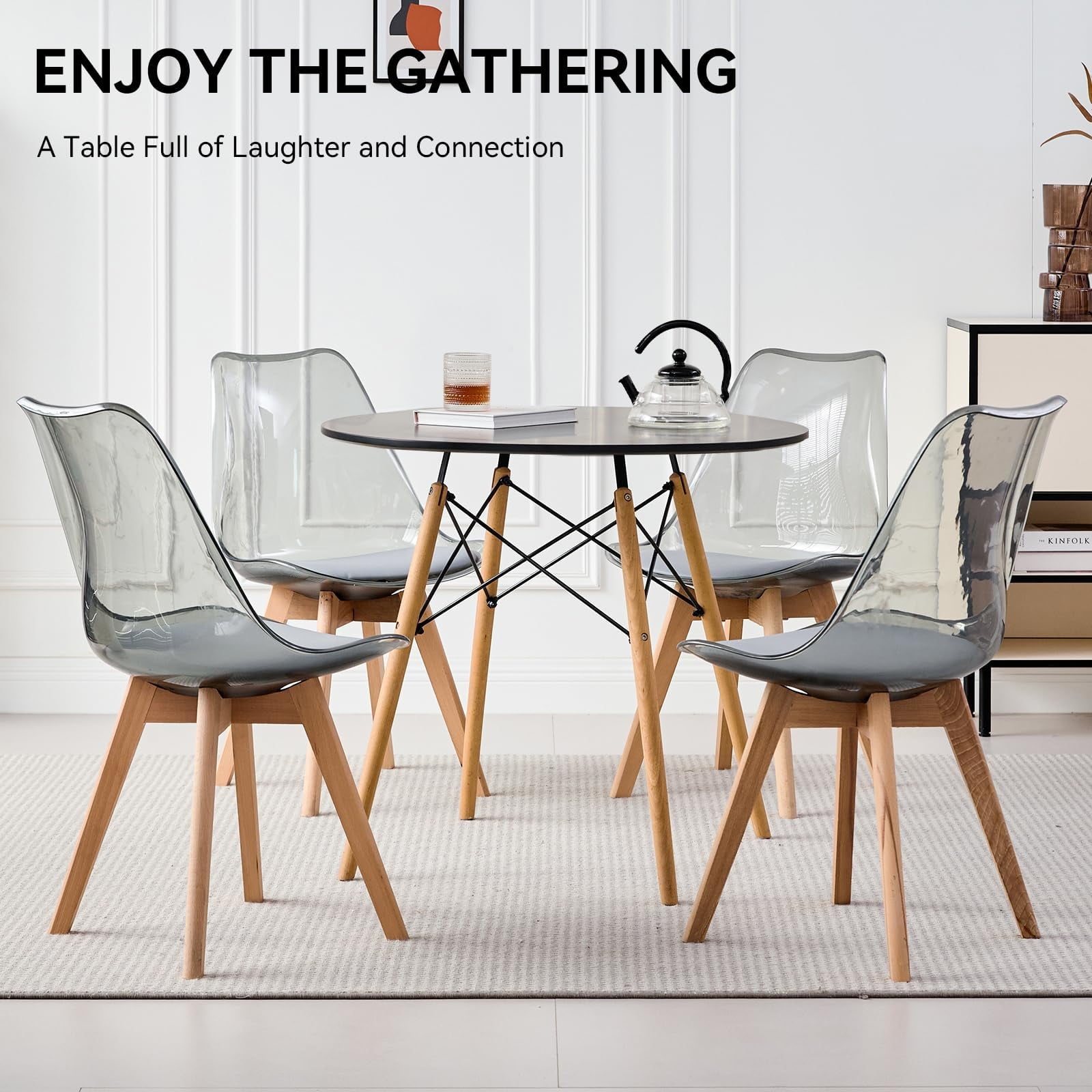 5-Piece 35.5'' Round Dining Table Set for 4, Kitchen Table Chair Set of 4, Mid-Century Modern Dinette Dining Room Table Set Dinner Table for 4 W/Solid Wood Legs, White