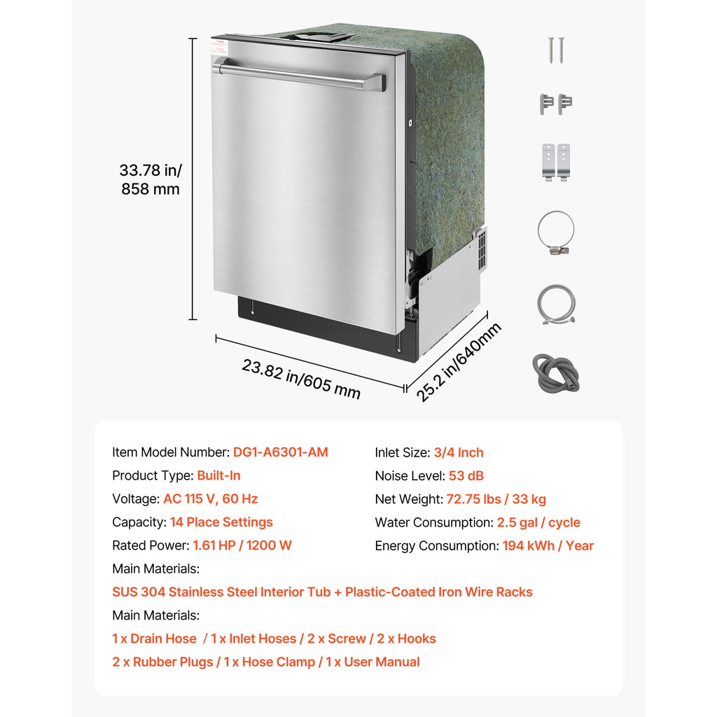 KFFKFF 24-Inch Built-In Dishwasher with Stainless Steel Interior, 14 Place Settings, 8 Wash Cycles, Quiet Operation, Adjustable Racks, and Zoned Storage, Dimensions: 23.82 x 25.2 x 33.78 Inches