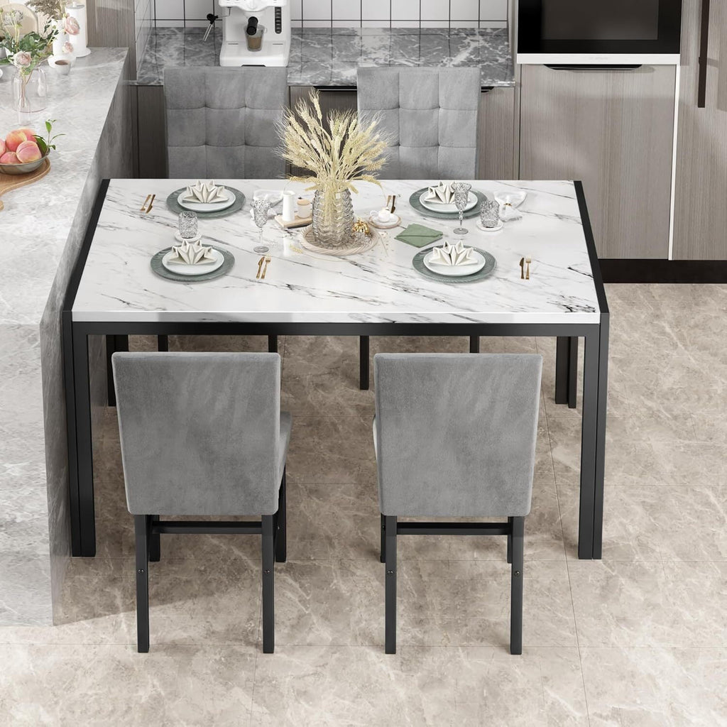 MOOSENG 5-Piece Dining Table Set with Faux Marble Top, Modern Kitchen Table and Set of 4 Grey Velvet Upholstered Chairs, Space-Saving Dinette Set for Small Spaces
