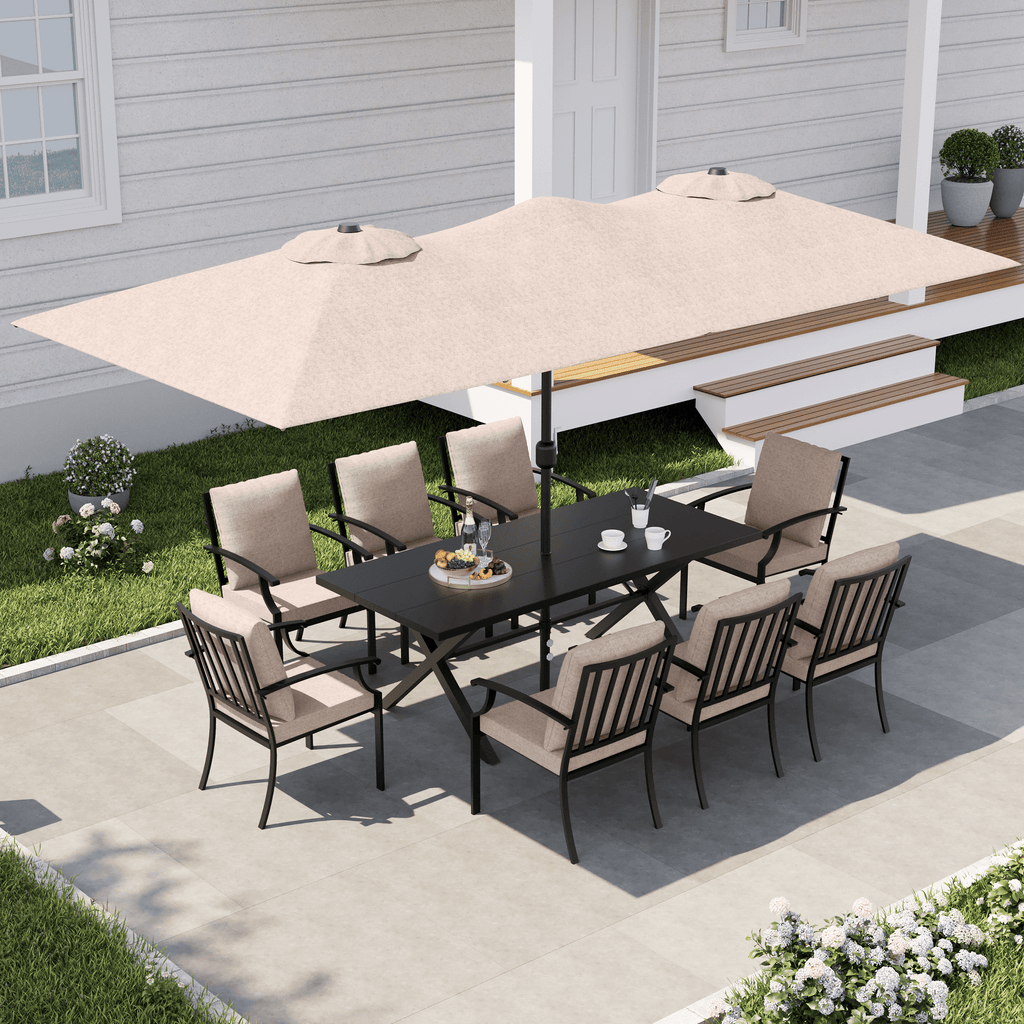 ALAULM 10 Piece Patio Dining Set w/14FT Umbrella, Metal Outdoor Furniture Set w/Rectangular table, 6 Fixed Chairs and 2 swivel rocking chairs for Patio, Backyard, Garden, Poolside（Grey）