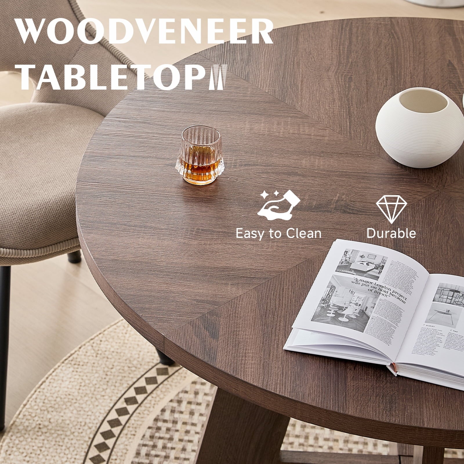 5 Piece 47'' Round Dining Table Chairs Set for 4, Farmhouse Oak Kitchen Table with 4 Boucle Mid Century Modern Dinning Room Chairs, Wood Dinner Table &Upholstered Chair Set of 4, Beige