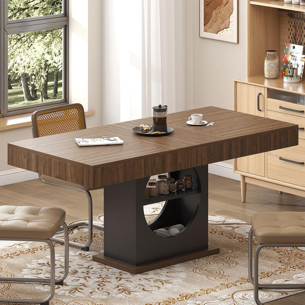 HAUXITIO 55 Inch Dining Table with LED Lights & 2 Drawers,Wooden Pedestal Base Table for 4-6 People,for Kitchen & Dining Room,White& Rustic Brown