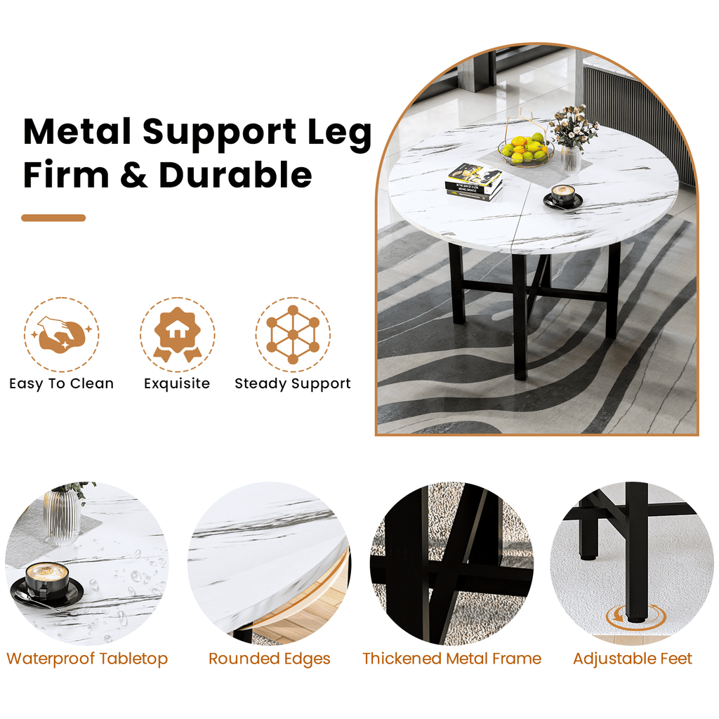 Lamerge Round Dining Table Set for 4,Wood Round Kitchen Table and Chairs Set for 4,Modern Dining Room Table Set with 4 Faux Leather Chairs,Round Dinner Table for Small Space,Brown