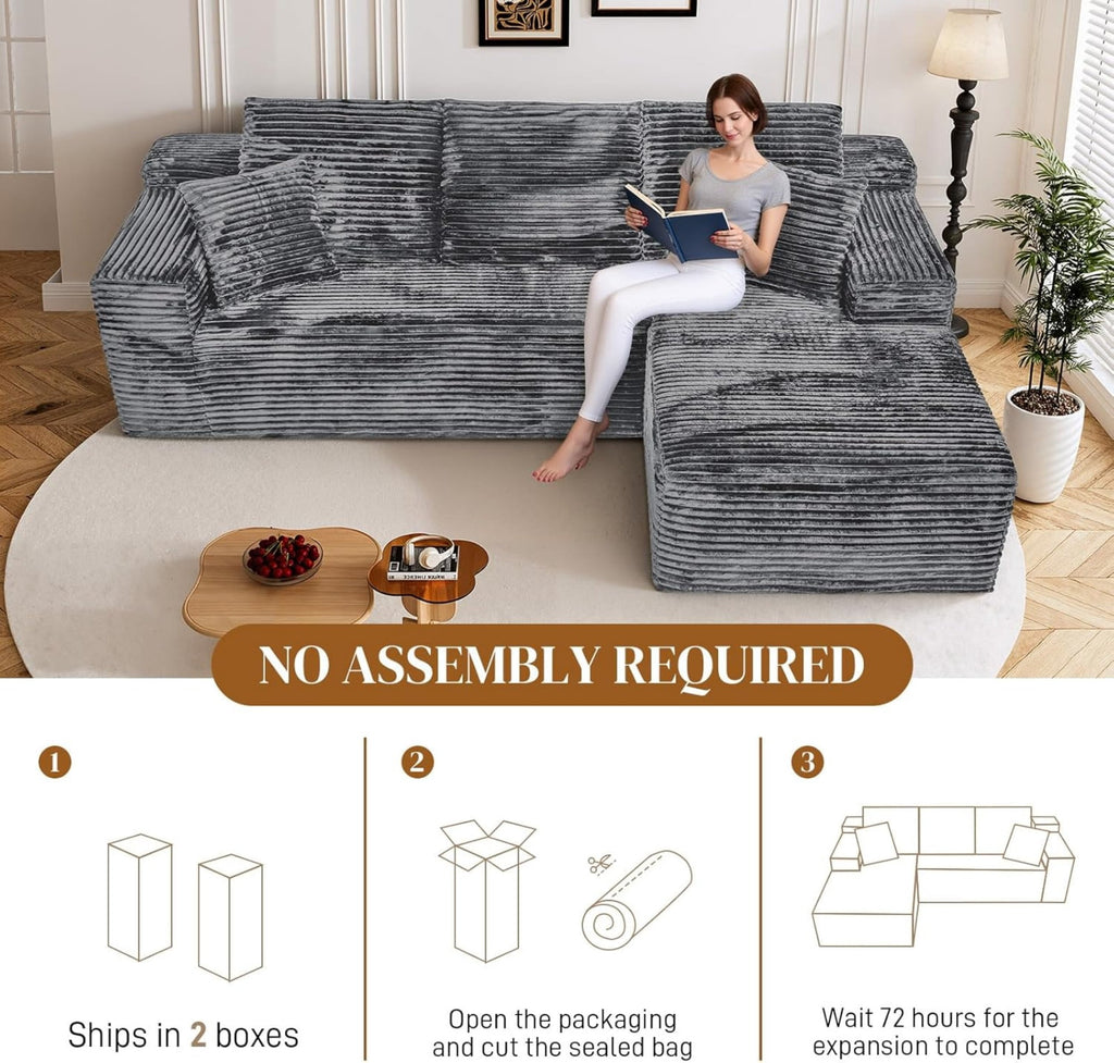 LLappuil 108 Sectional Sofa, Modular Sectional Couch with Left Chaise, Deep Seat Corduroy Cloud Sofa for Living Room Black