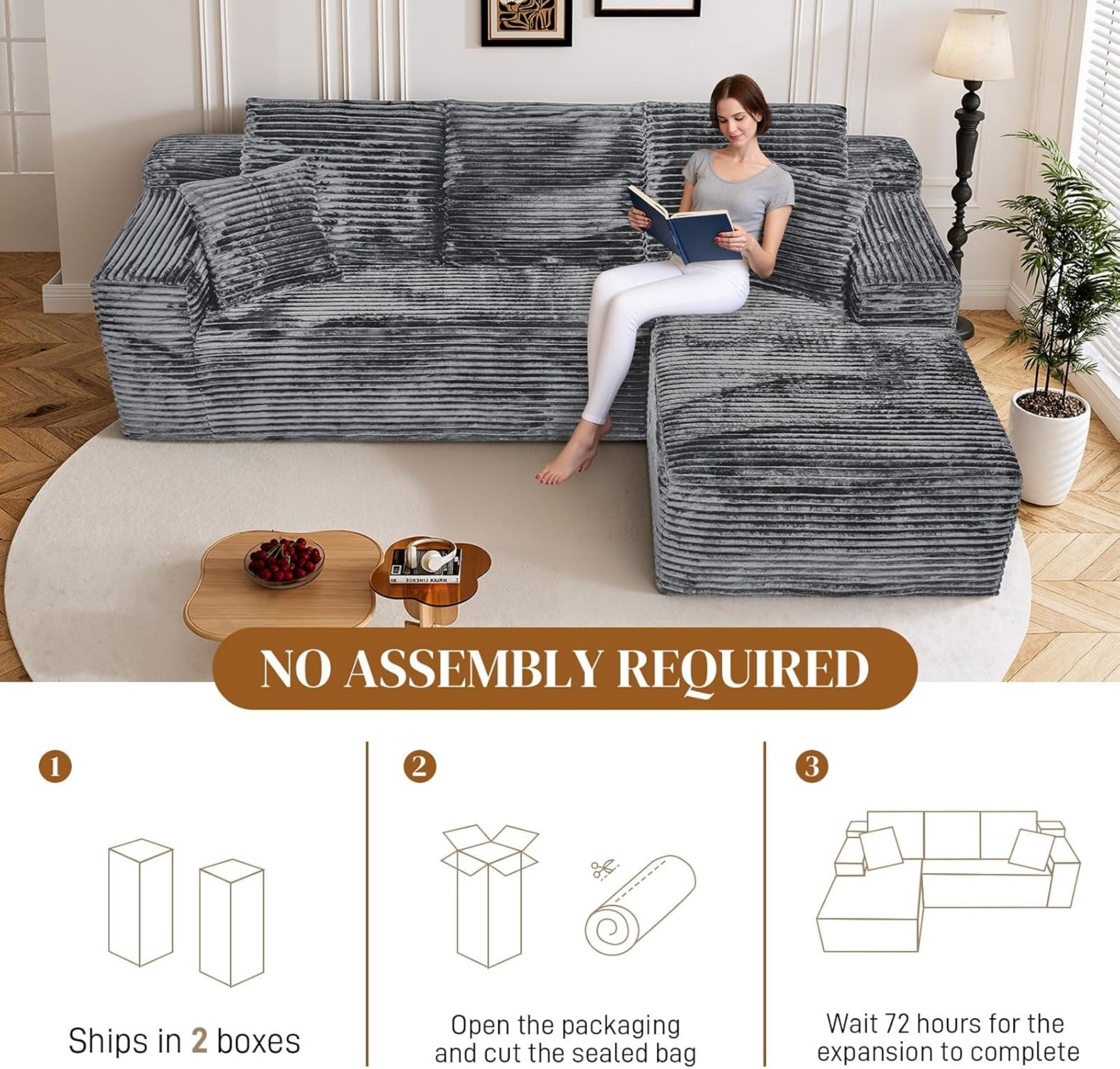 LLappuil 108 Sectional Sofa, Modular Sectional Couch with Left Chaise, Deep Seat Corduroy Cloud Sofa for Living Room Black