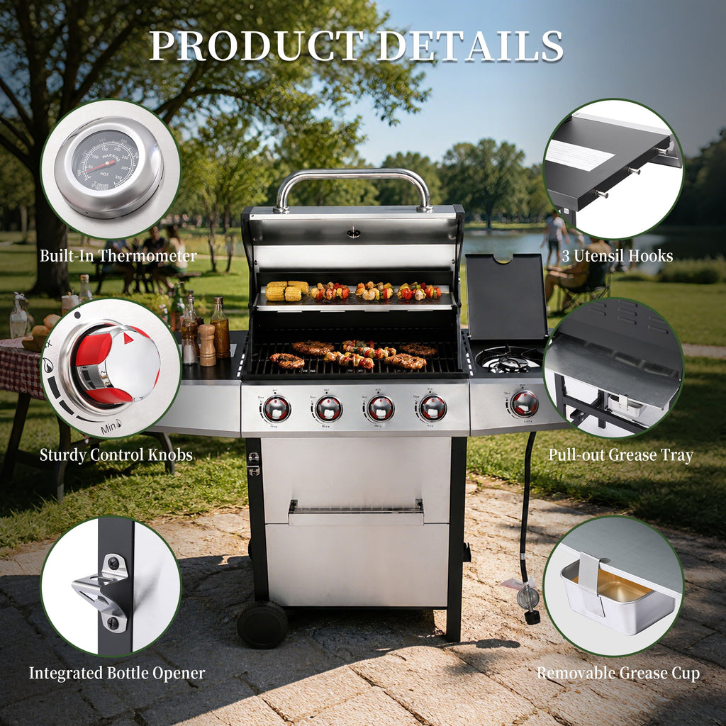 4 Burner Propane Gas Grill Combo w/Side Burner, 3-in-1 BBQ Grill with Charcoal Smoker & Griddle Plate, 46,750 BTU, 448 Sq.In. Stainless Steel Outdoor Cooking Station