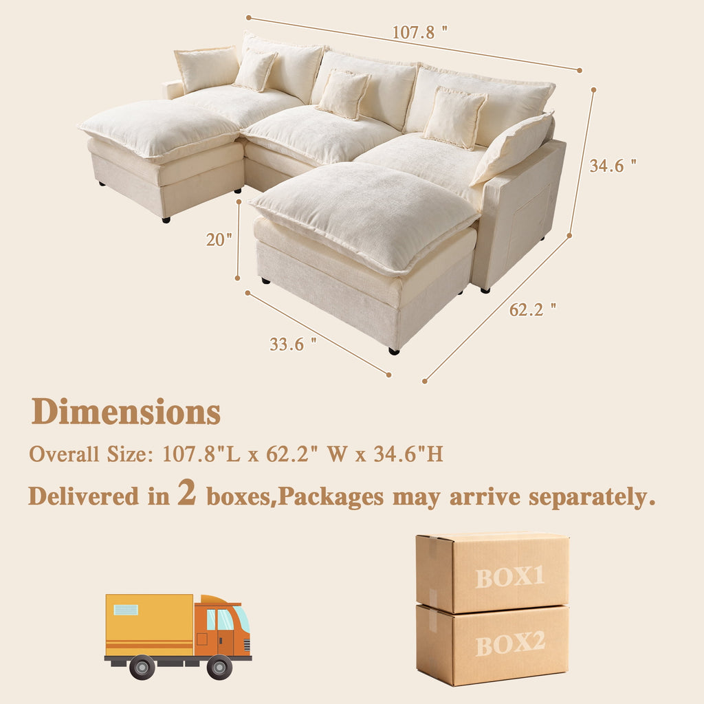 Ovios 108 Modular Sectional Sofa U-Shaped Cloud Couch with 2 Ottomans, Comfy Living Room Furniture, Chenille, Camel