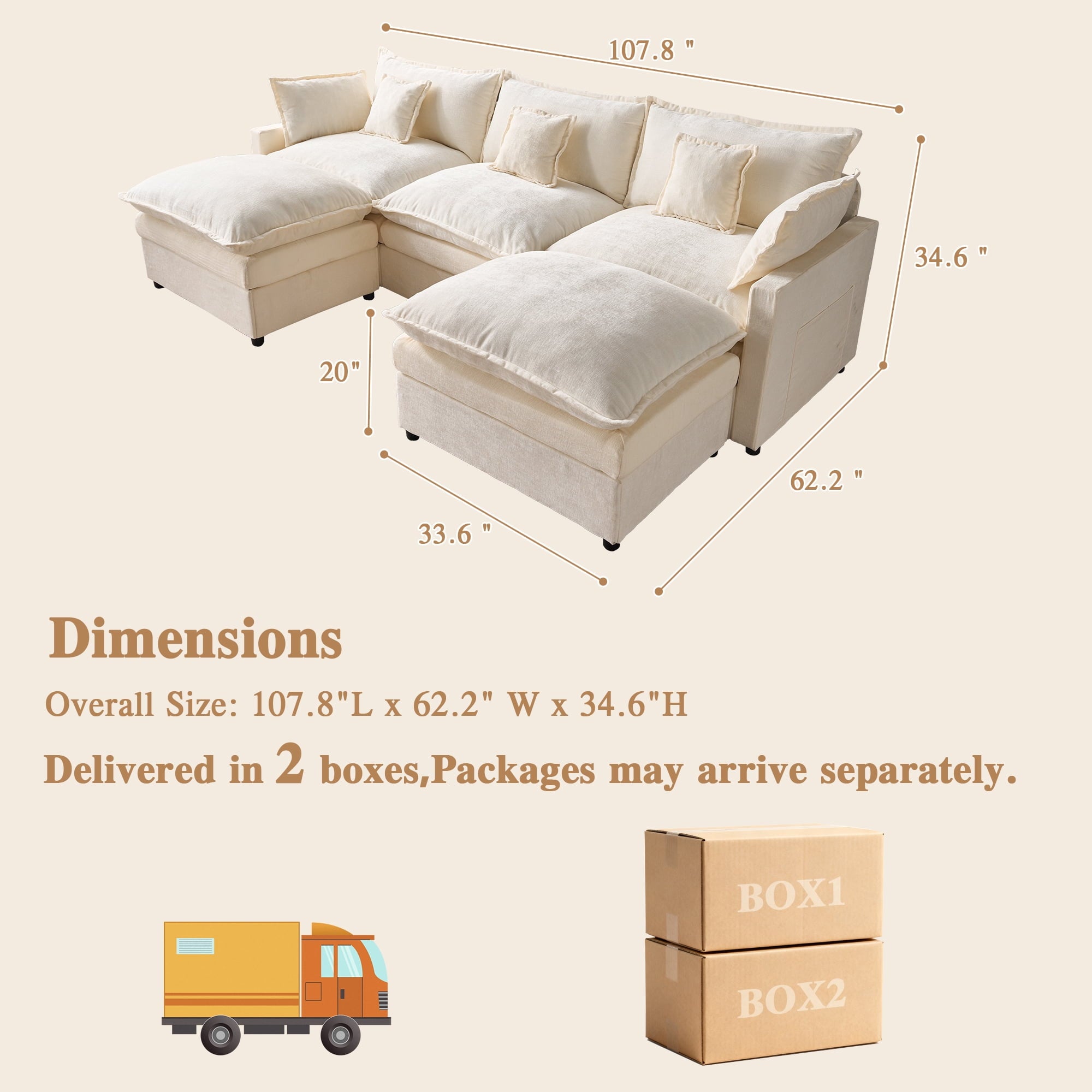 Ovios 108 Modular Sectional Sofa U-Shaped Cloud Couch with 2 Ottomans, Comfy Living Room Furniture, Chenille, Gray