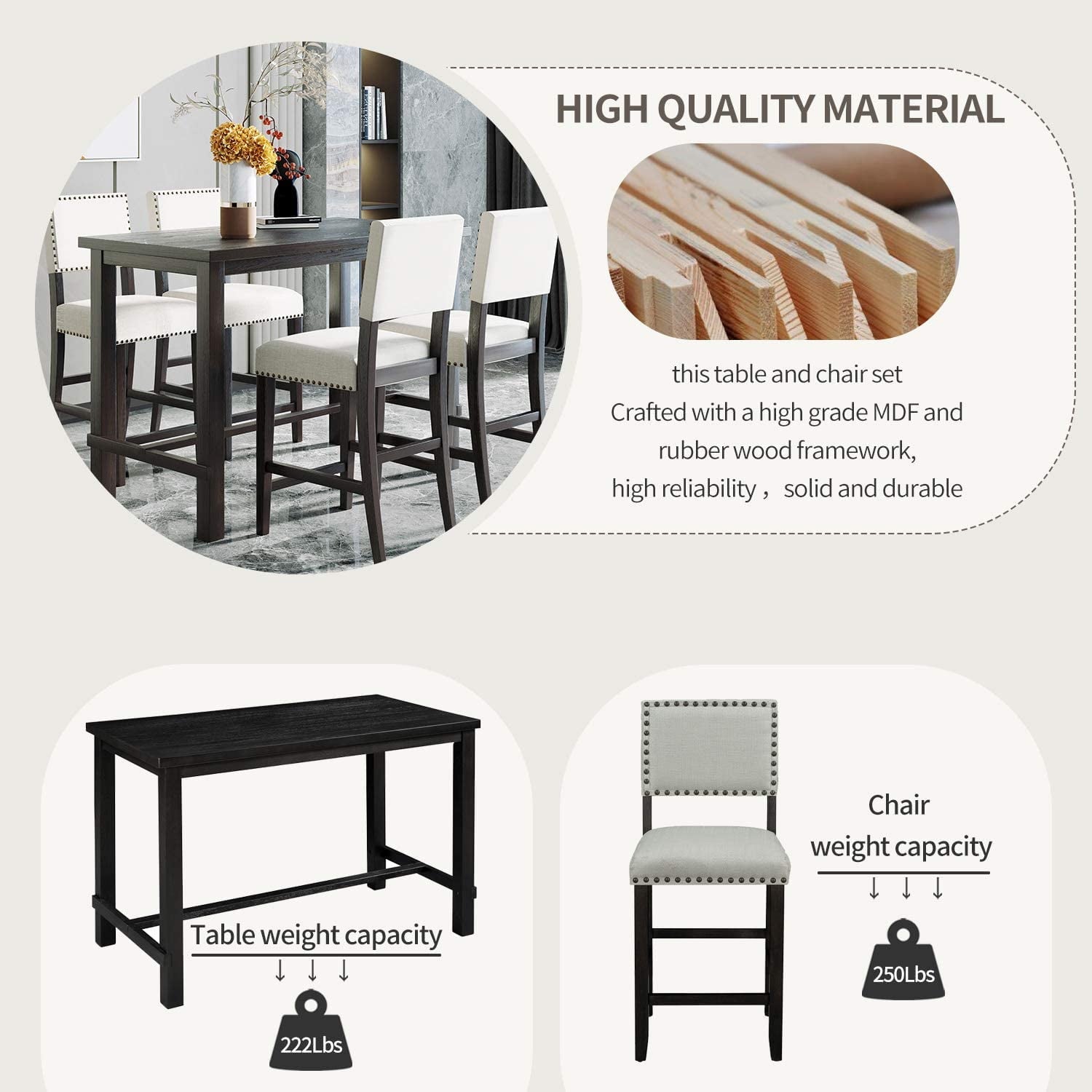 Harper & Bright Designs 5 Piece Dining Table Set Counter Height Dining Set with Classic Elegant Rectangel Table and 4 Padded Chairs for Kitchen Dining Room, Black and Beige