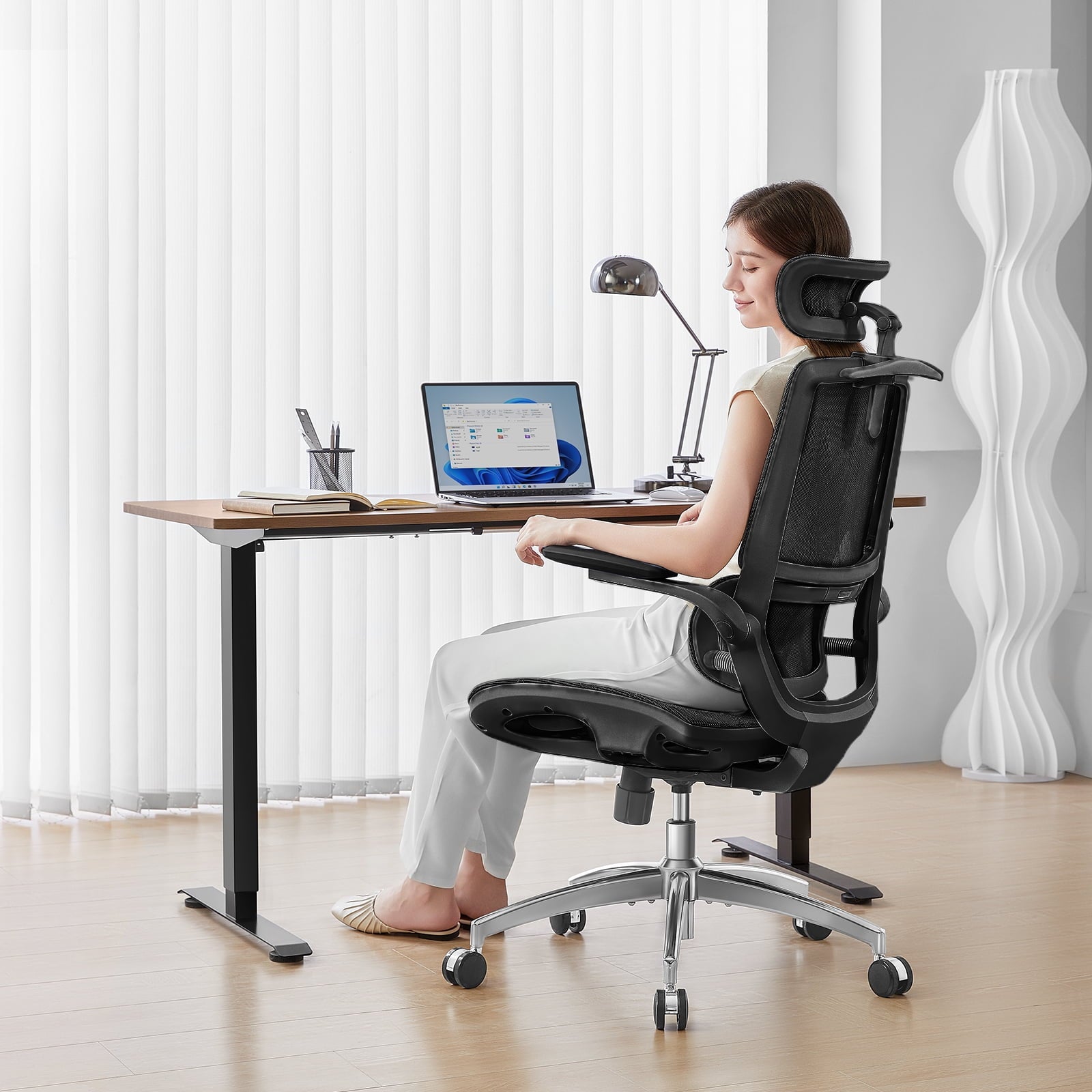 Sihoo M59AS Ergonomic Office Chair with Mesh Backrest, Flip Armrests, Headrest, White
