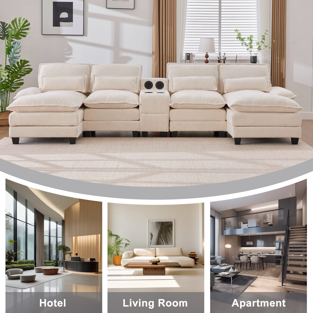 Villeston 126.77 U-Shaped Cloud Sofa With Chaise Lounge, Chenille Sofa With Wireless Charging, Bluetooth Speaker, Two Cup Holders, Storage Drawer, Suitable For Living Room,Gray